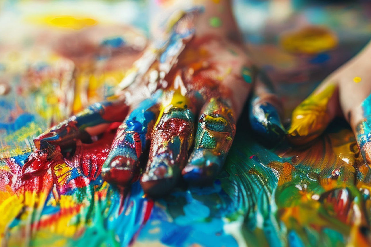 Zwei Hände spielen in bunten Malfarben.