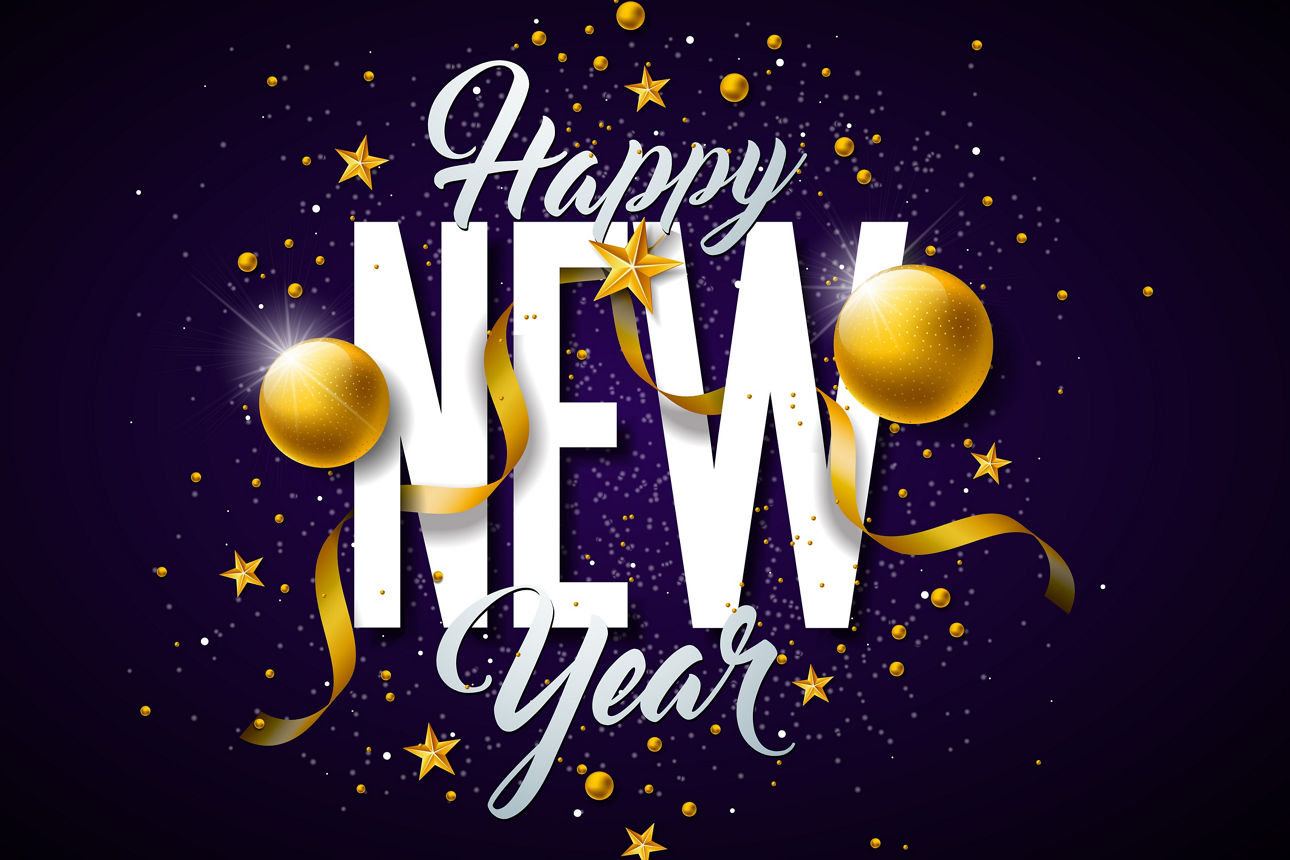 Spruch Happy New Year mit Konfetti und Luftballons