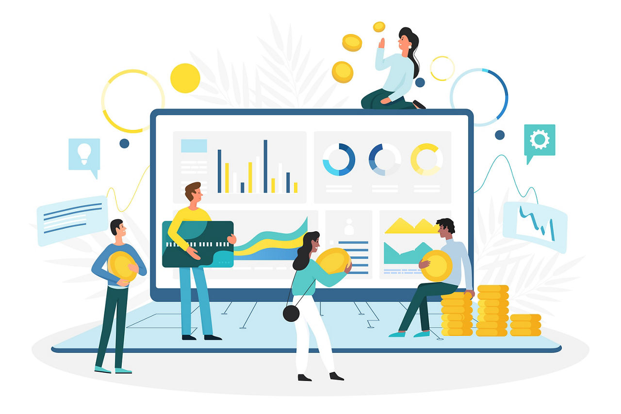 Illustration Geschäftsleute arbeiten mit Finanzdiagrammen auf dem Dashboard