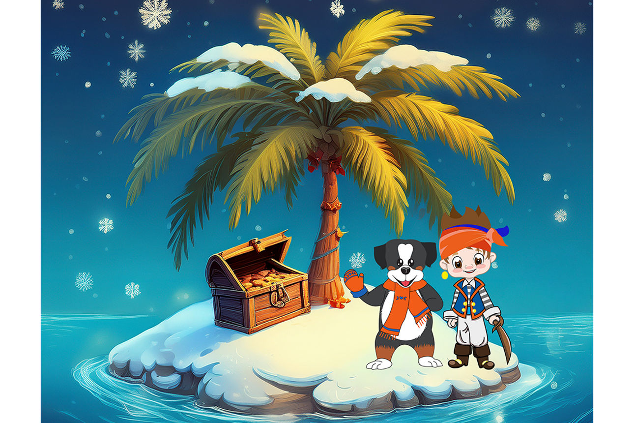 Anton und sein Piratenfreund Pi stehen auf einer winterlichen Insel mit einer Palme und einer offenen Schatzkiste.