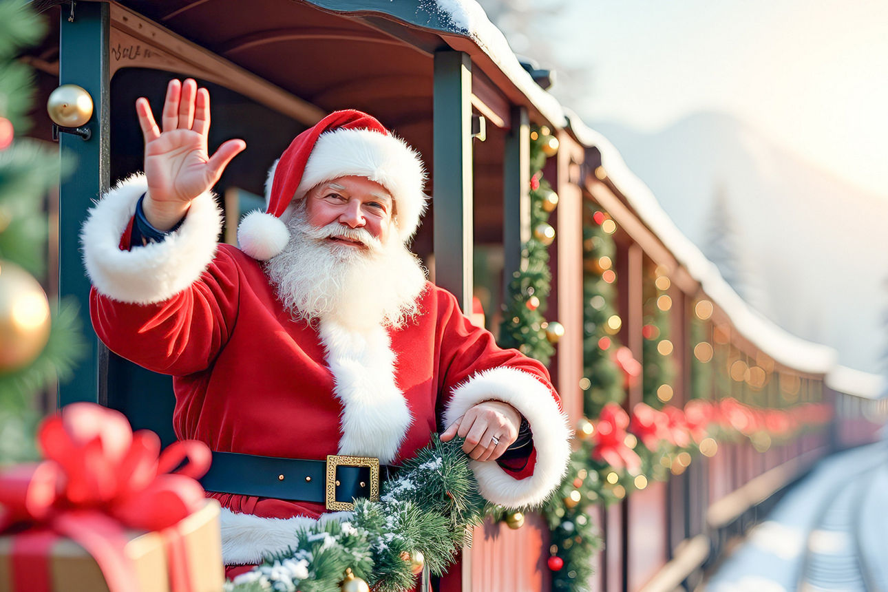 Der Niklaus fährt in einem weihnachtlich geschmückten Zug.