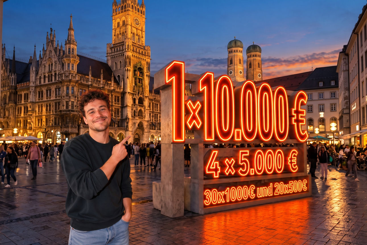 Ein Mann zeigt auf eine große Beschriftung "1x10.000 €, 4x5.000 €" und weitere Gewinne. Bild KI-generiert.