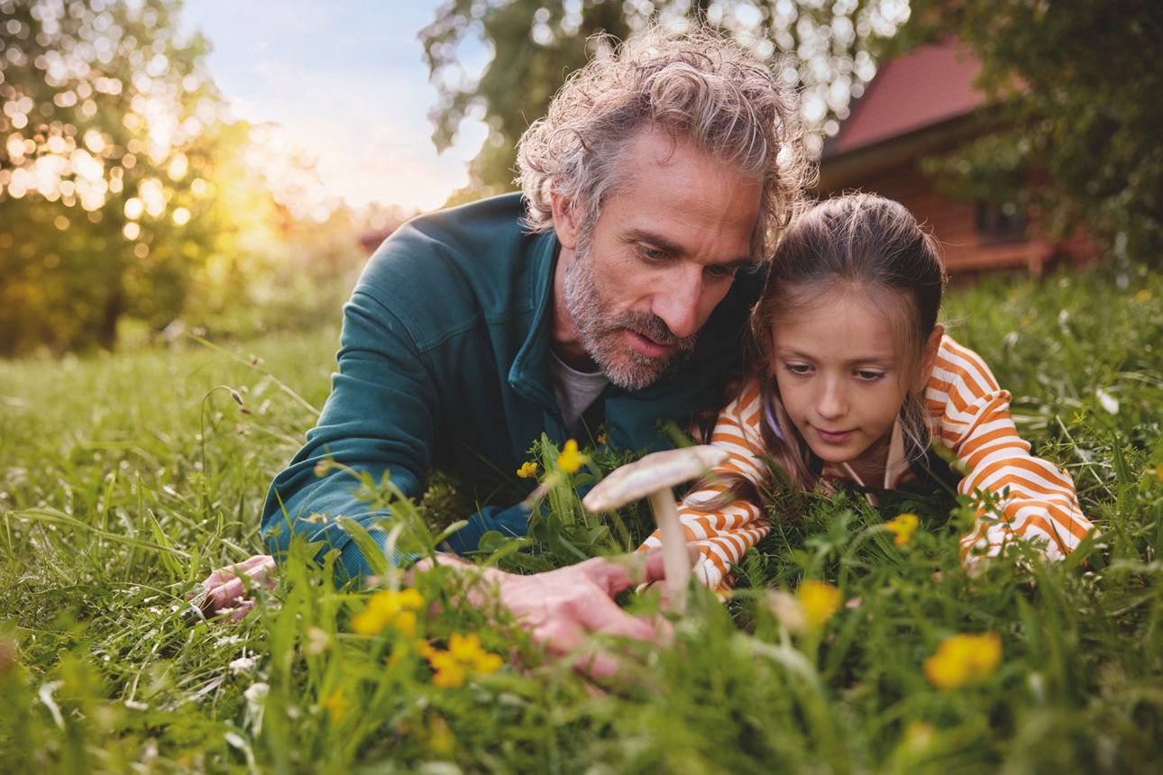 Ein Mann und ein Mädchen liegen im Gras und betrachten gemeinsam einen Pilz in einer sonnigen Gartenumgebung.