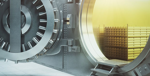 Sideview of an open bank vault with gold stacks. 3D Render