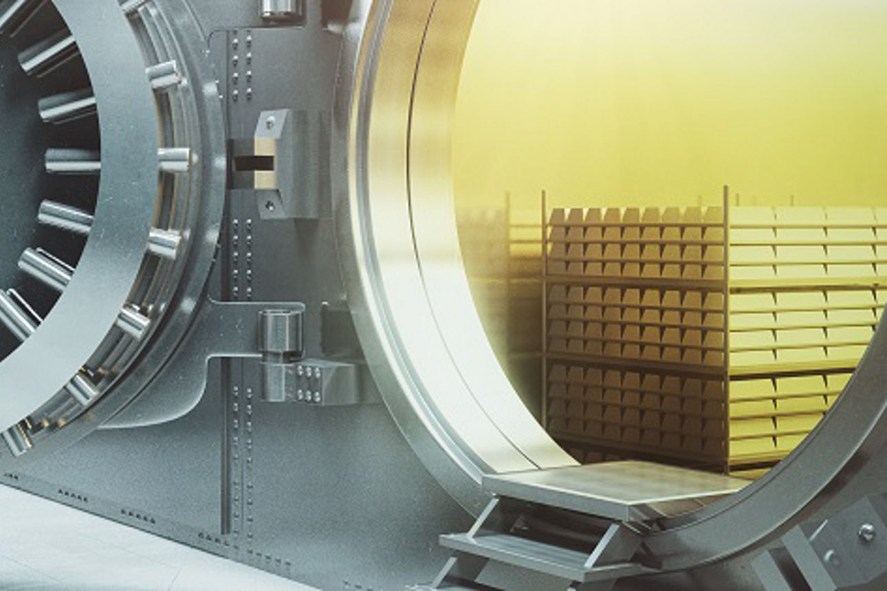 Sideview of an open bank vault with gold stacks. 3D Render