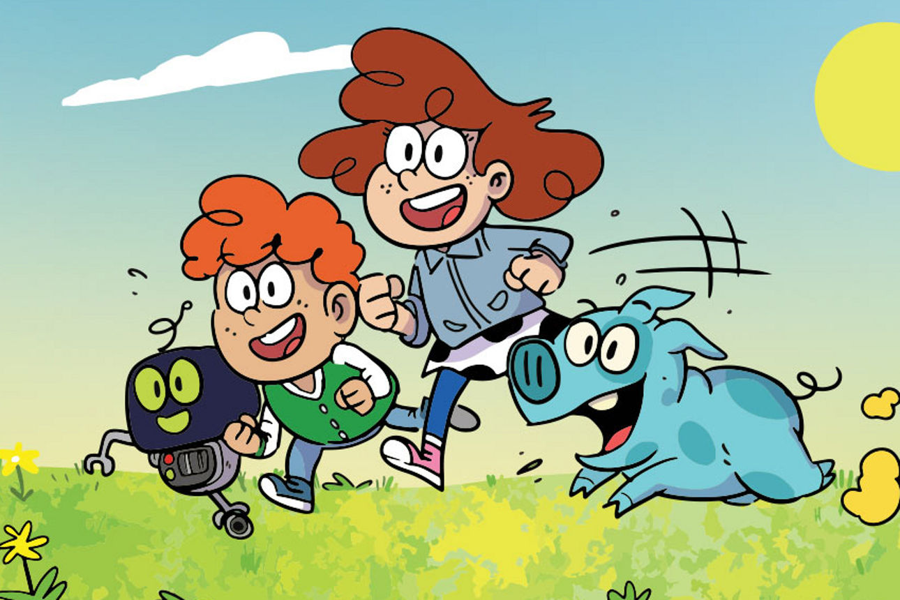 Illustration: 2 Kinder, ein Schwein und ein Roboter stehen auf einer Wiese vor einer Tafel