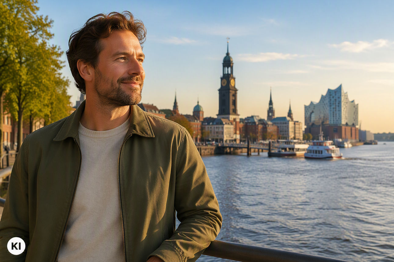 OnlineTagesGeld - Mann steht mit Rücken zum Michel, Elbe und Elphi (KI)
