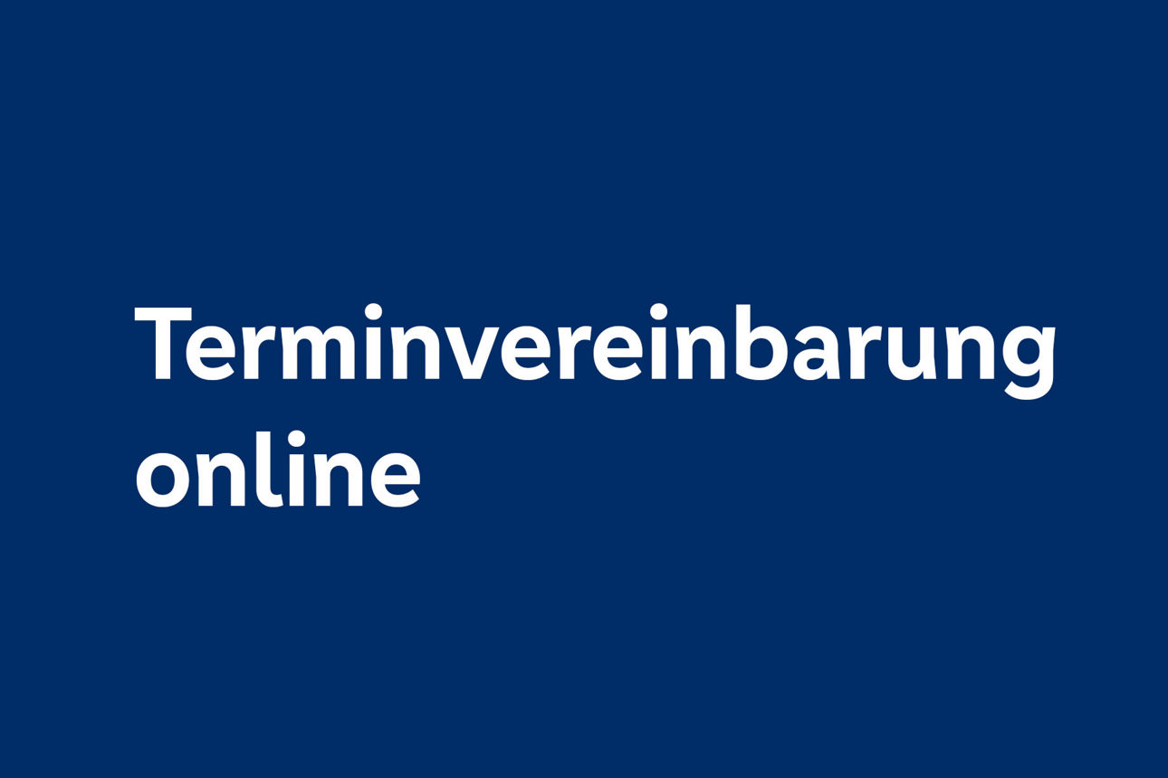 Text Terminvereinbarung online auf einem dunkelblauen Hintergrund