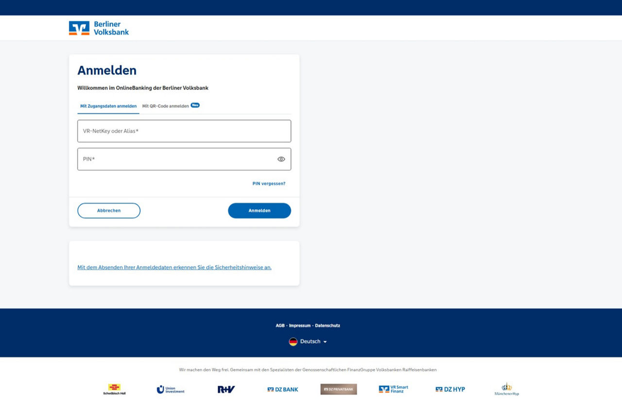 Screenshot der OnlineBanking-Login-Seite