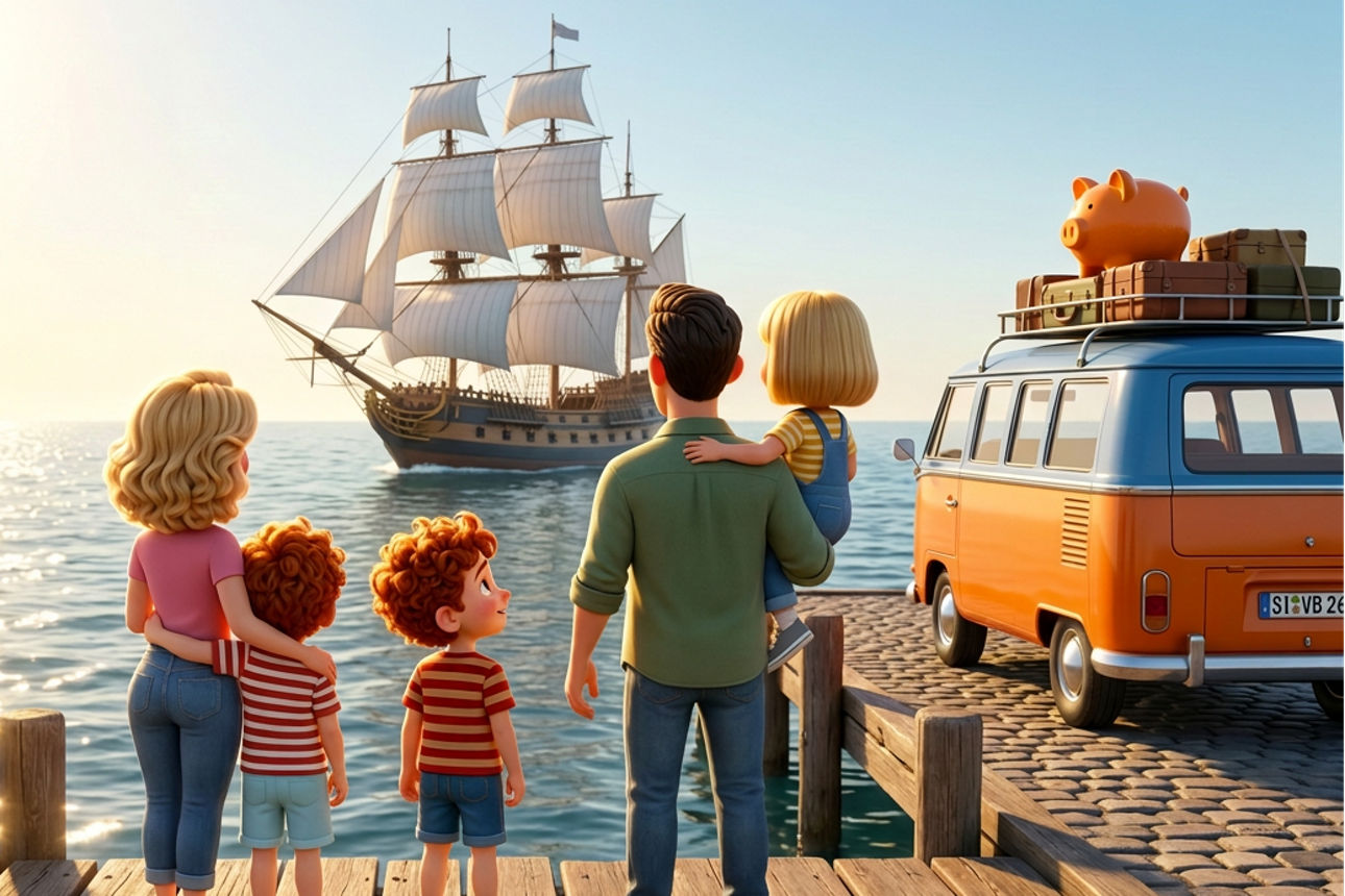 Familie steht am Steg und sieht ein Segelschiff in der Ferne- KI generiert