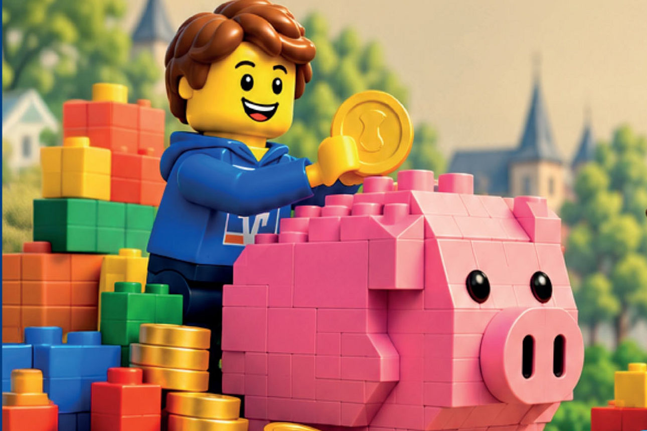 Lego-Figuren spielen zwischen bunten Bausteinen, ein Junge wirft eine Münze in ein rosafarbenes Sparschwein.