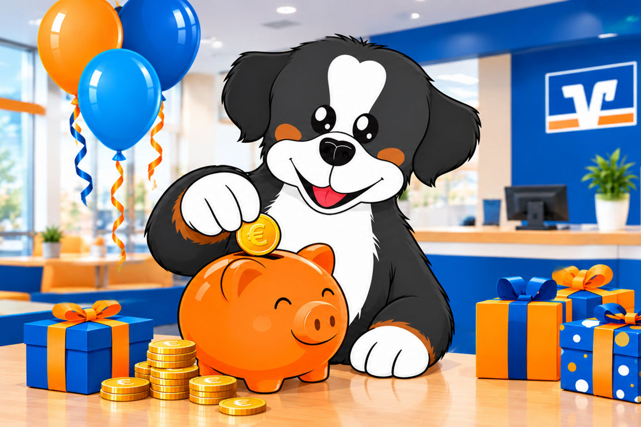 Bankhund Anton wirft eine Münze in ein Sparschwein. 
