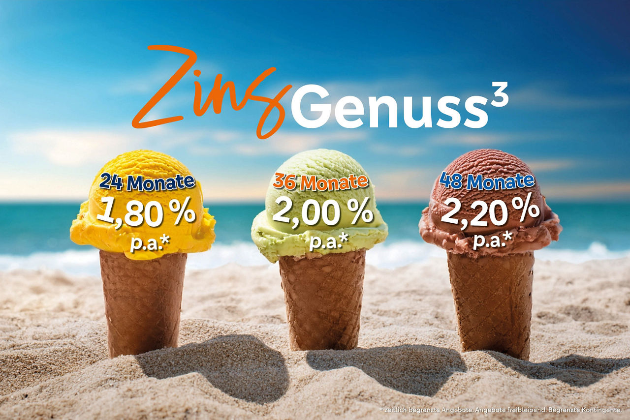 Drei Eisbecher im Sand zeigen Zinsen für 24, 36 und 48 Monate: 1,80 %, 2,00 % und 2,20 % p.a. – unter dem Slogan „ZinsGenuss³