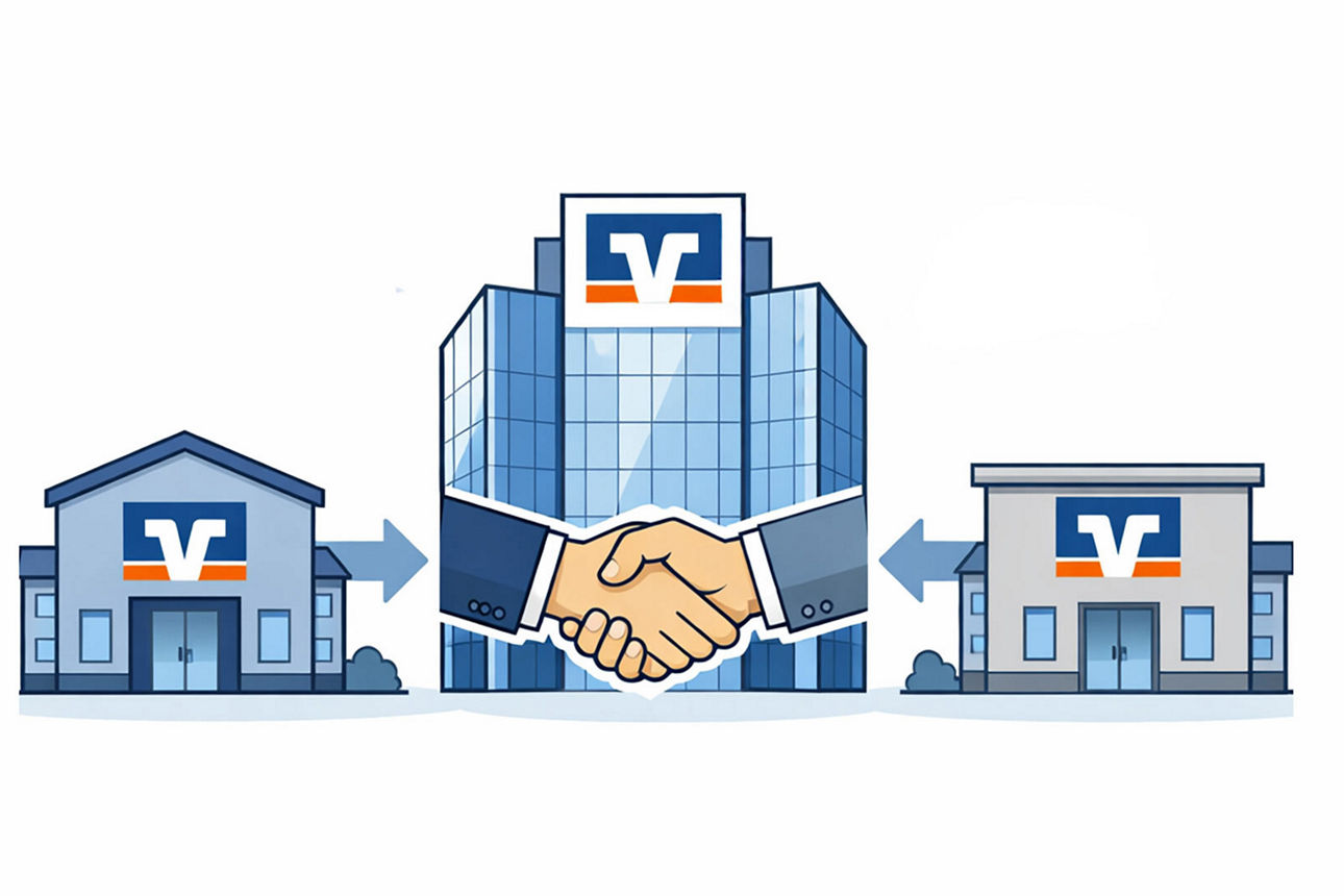 em Bild ist eine Grafik im blau-orangefarbenen Design der Volksbanken Raiffeisenbanken zu sehen.