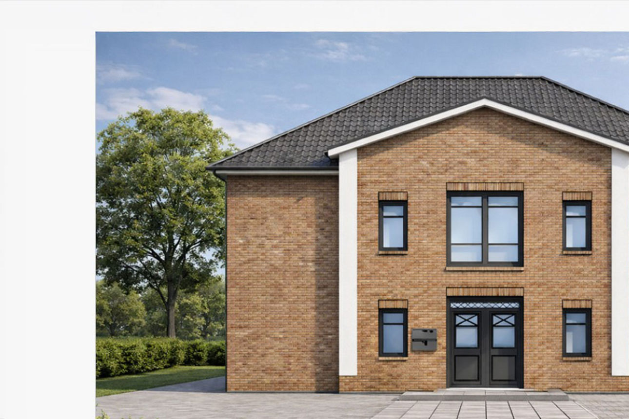 Visualisierung eines modernen Einfamilienhauses mit Klinkerfassade und symmetrischer Fensterfront.