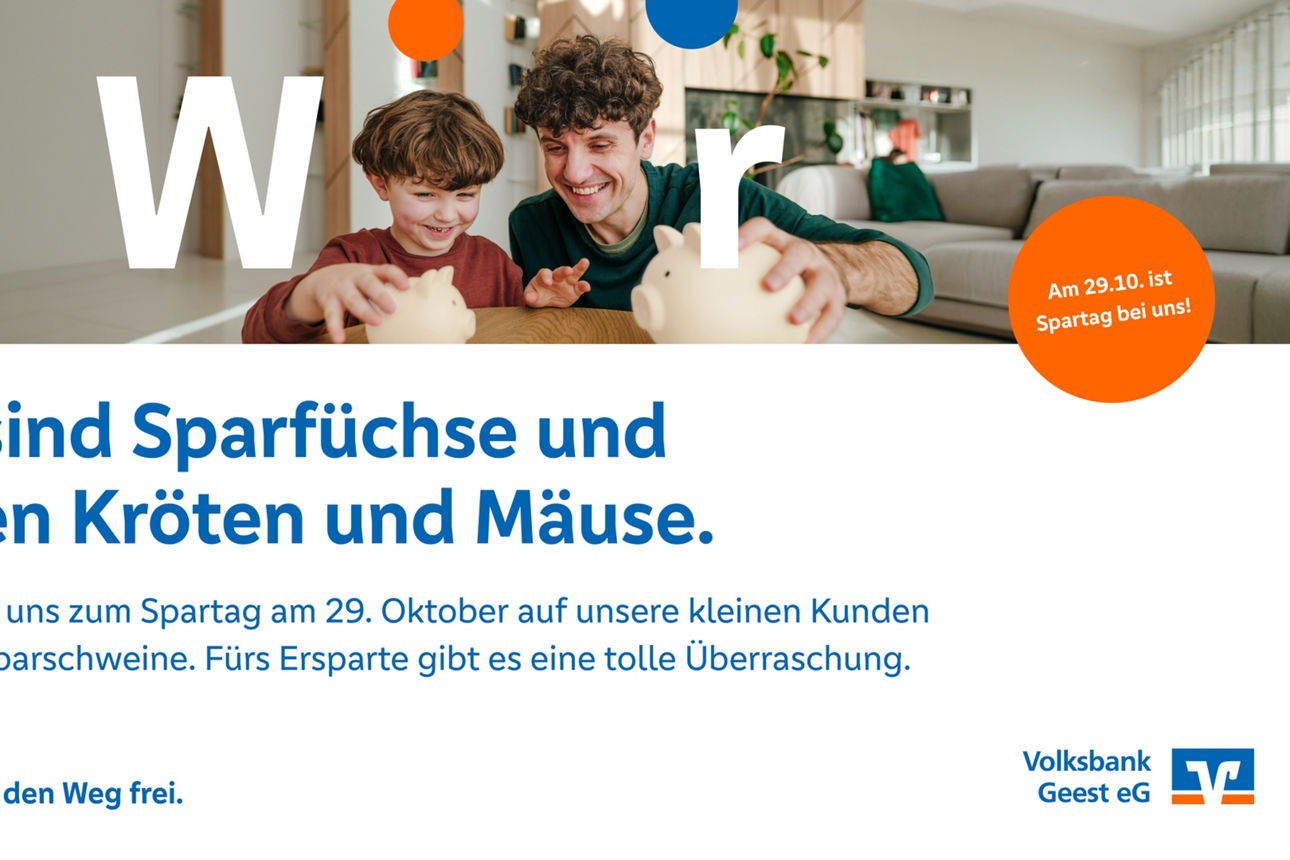 Plakat der Volksbank Geest zur Sparwoche mit Vater und Kind, Sparschweinen und dem Slogan „Wir sind Sparfüchse