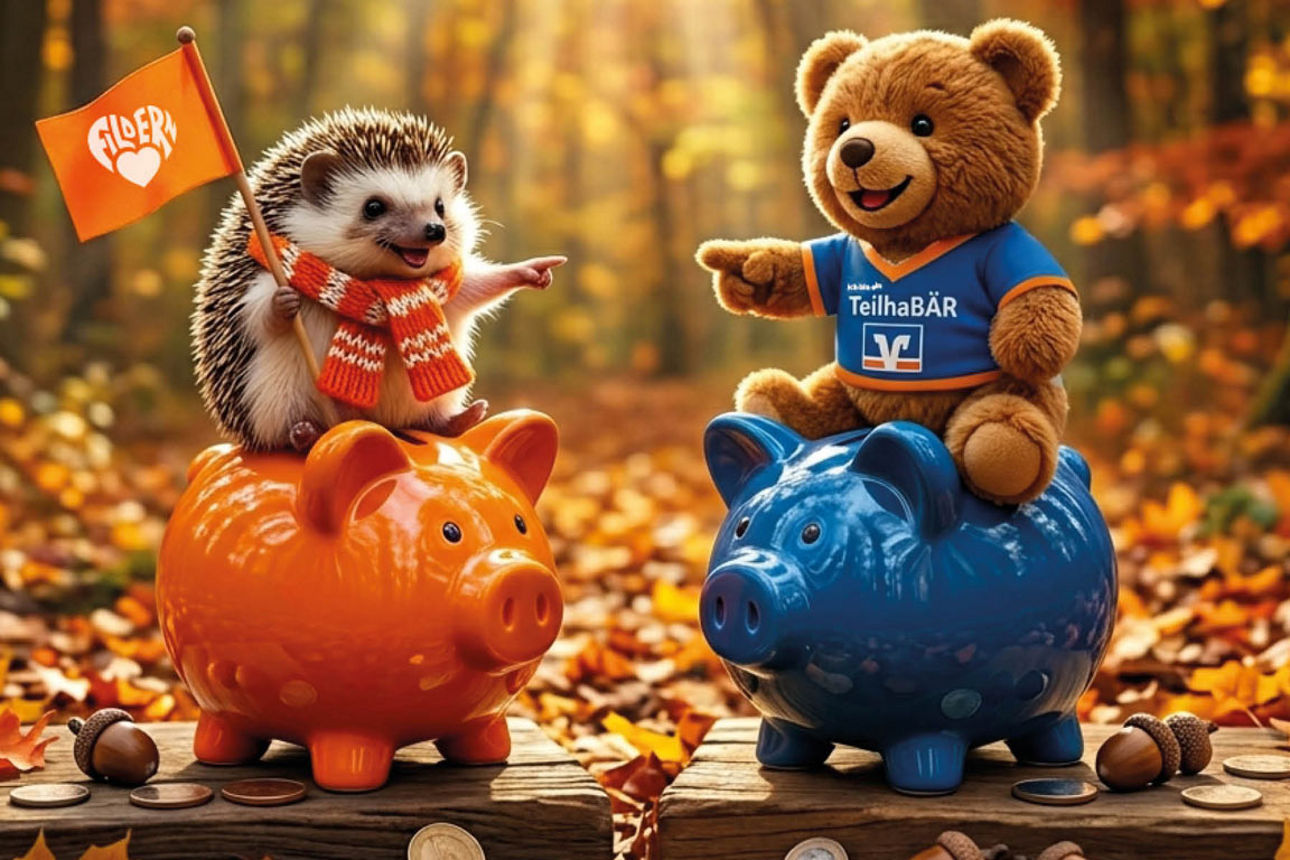 Herbstliches Sparmotiv mit niedlichen Maskottchen auf bunten Sparschweinen, umgeben von Münzen und goldenem Sonnenlicht im Wa