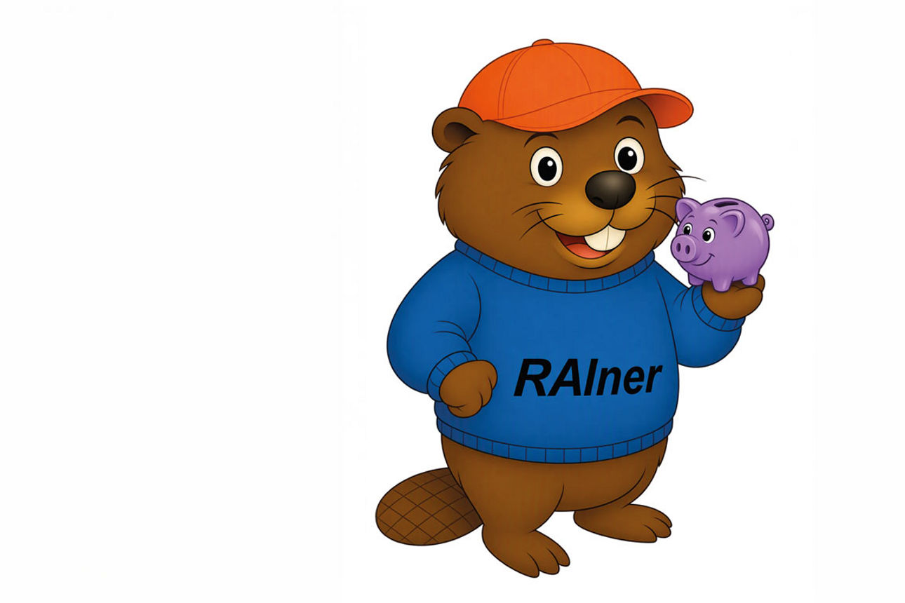 Ein Biber-Maskottchen mit orangefarbener Kappe und blauem Pulli mit der Aufschrift „Rainer“ hält ein violettes Sparschwein.