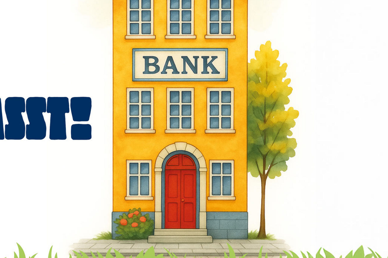 Grafik mit dem Text „Kleine Sparer aufgepasst!“ und einem gelben Bankgebäude auf Wiese.