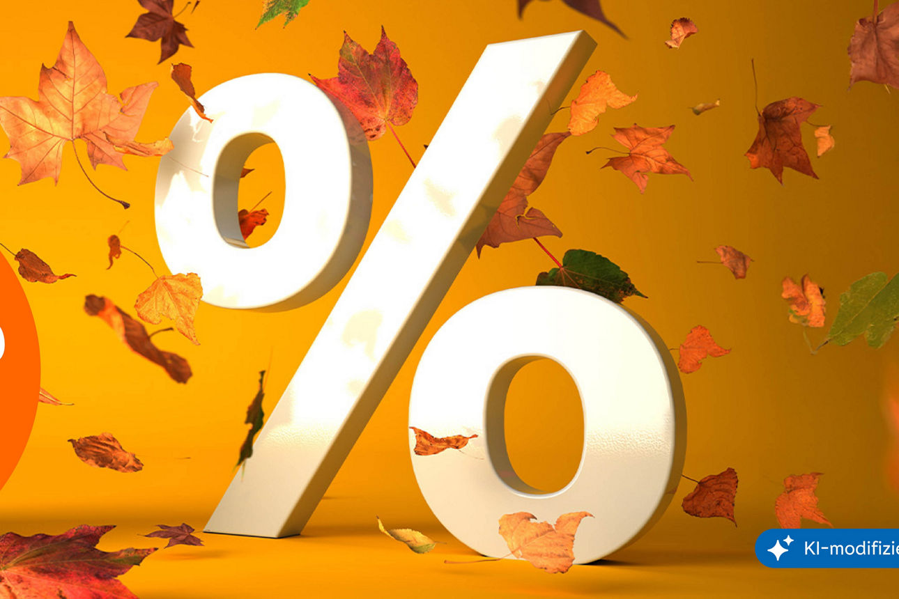 Großes Prozentzeichen und orangener Kreis mit „2,75% p.a. Zinsen“ vor herbstlichem Hintergrund.