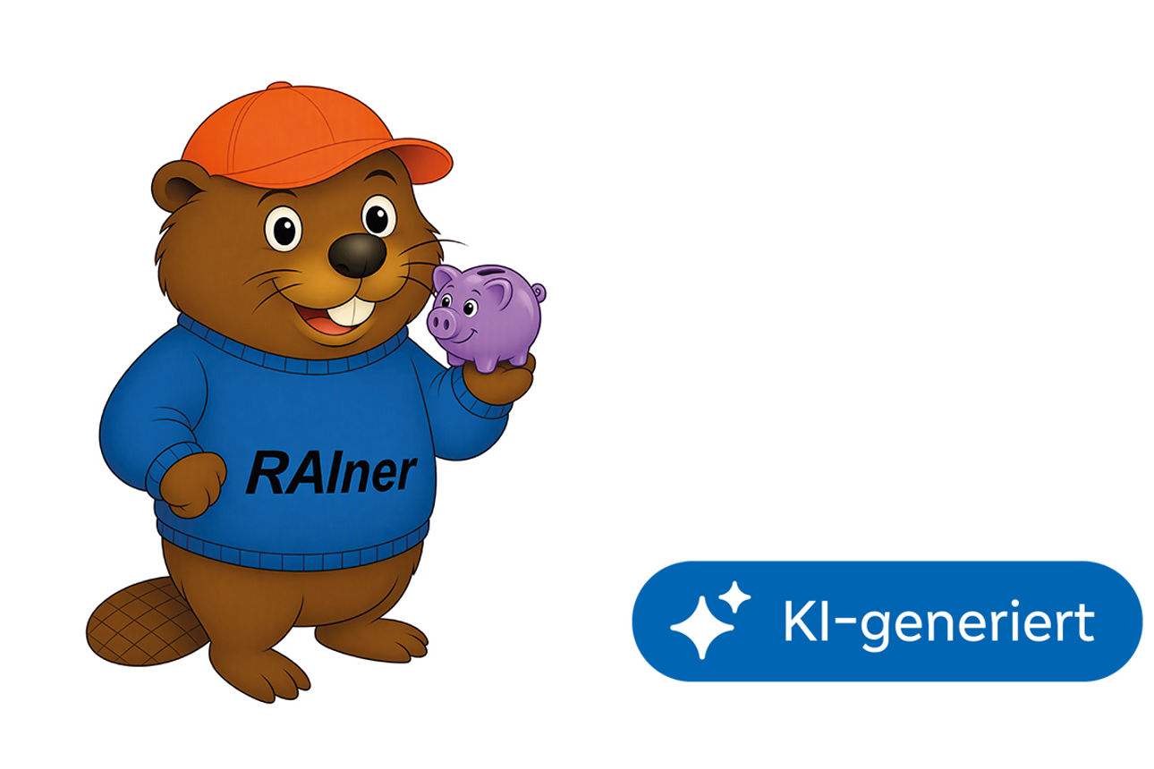 Ein Biber-Maskottchen mit orangefarbener Kappe und blauem Pulli mit der Aufschrift „Rainer“ hält ein violettes Sparschwein.