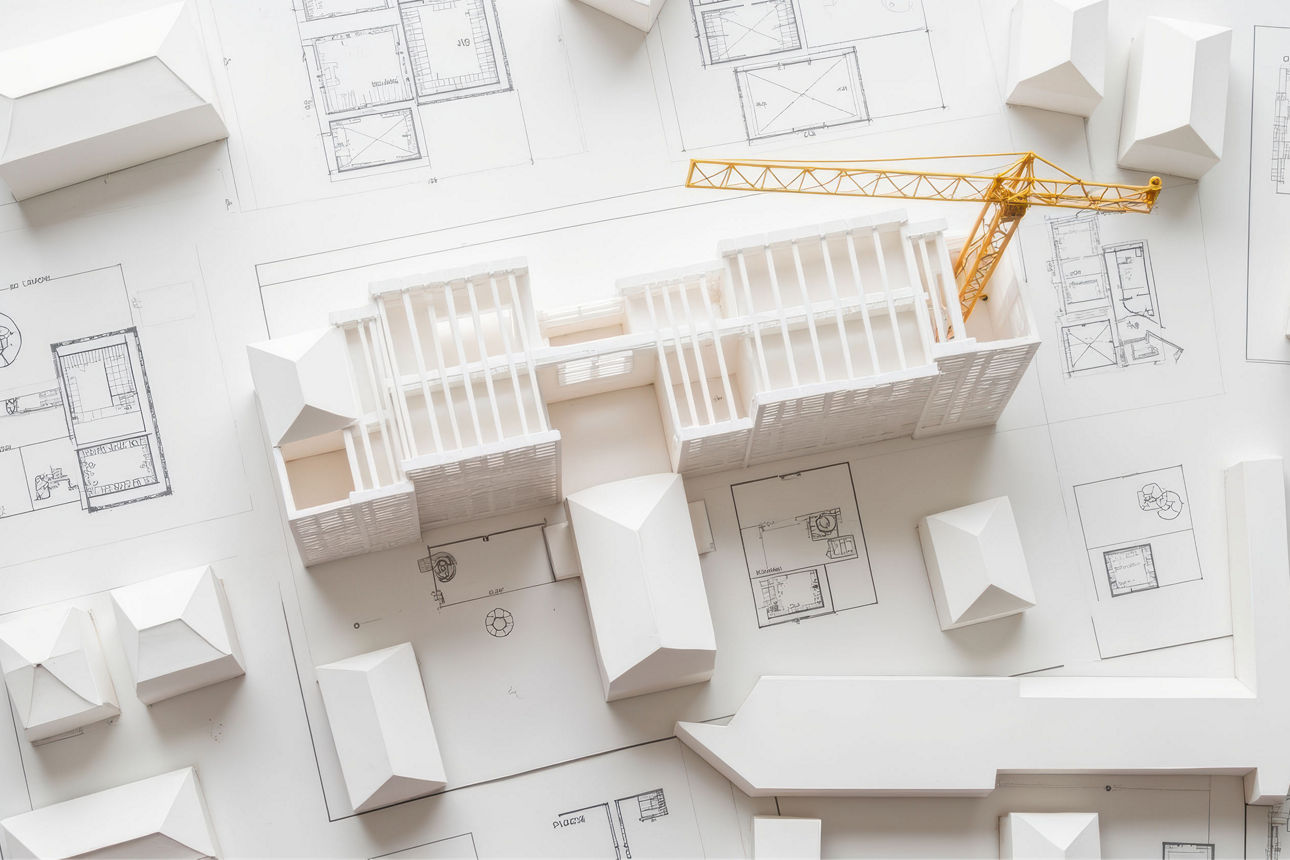 Visualisierung eines Neubauprojektes mit einem kleinen Kran, der ein 3D Objekt aufbaut.