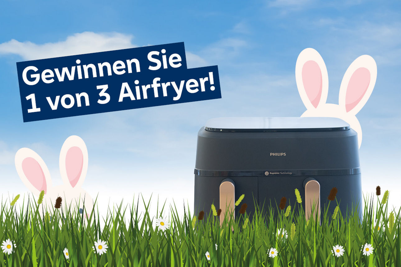 Bild eines Airfryers auf einer gezeichneten Wiese mit Osterhasen - Infotext "Gewinnen Sie 1 von 3 Airfryern!"