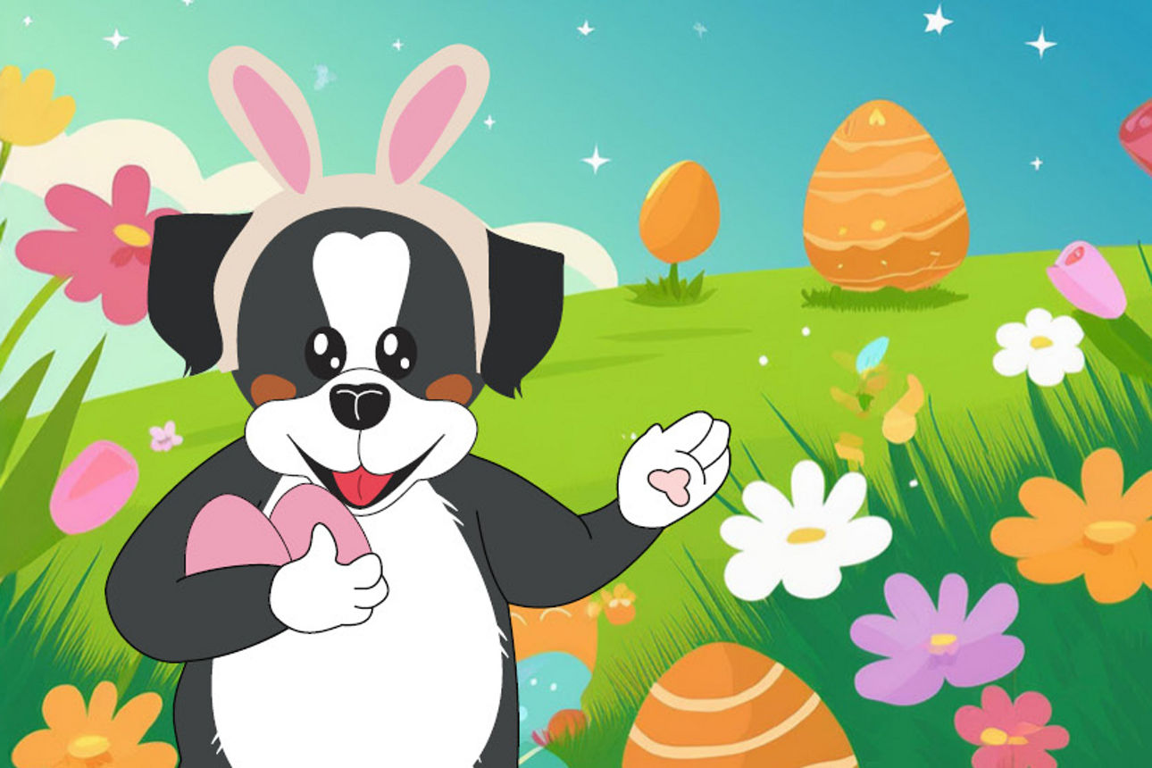 Anton mit Hasenohren und Ostereiern im Arm auf einer Frühlingswiese. 