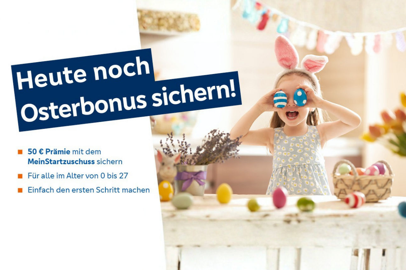 Ein Kind, welches sich Ostereier vor die Augen hält und daneben stehen die Informationen zum Osterbonus.