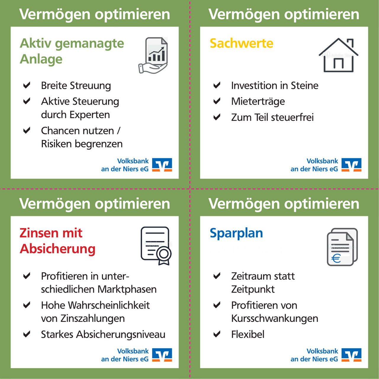 Rückseite des Erfolgsgaranten der Volksbank an der Niers, Thema Vermögen optimieren. 