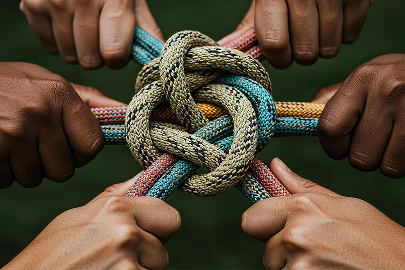 Viele Hände die zusammenhalten und einen starken Knoten halten.