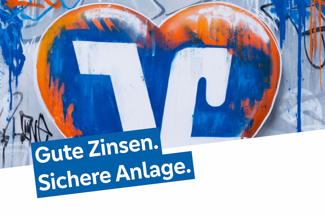 Volksbank-Logo als Wandmalerei Text: Gute Zinsen. Sichere Anlage