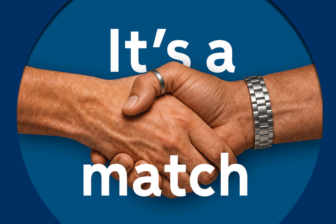 Handschlag zweier Hände und Infotext "It's a match"