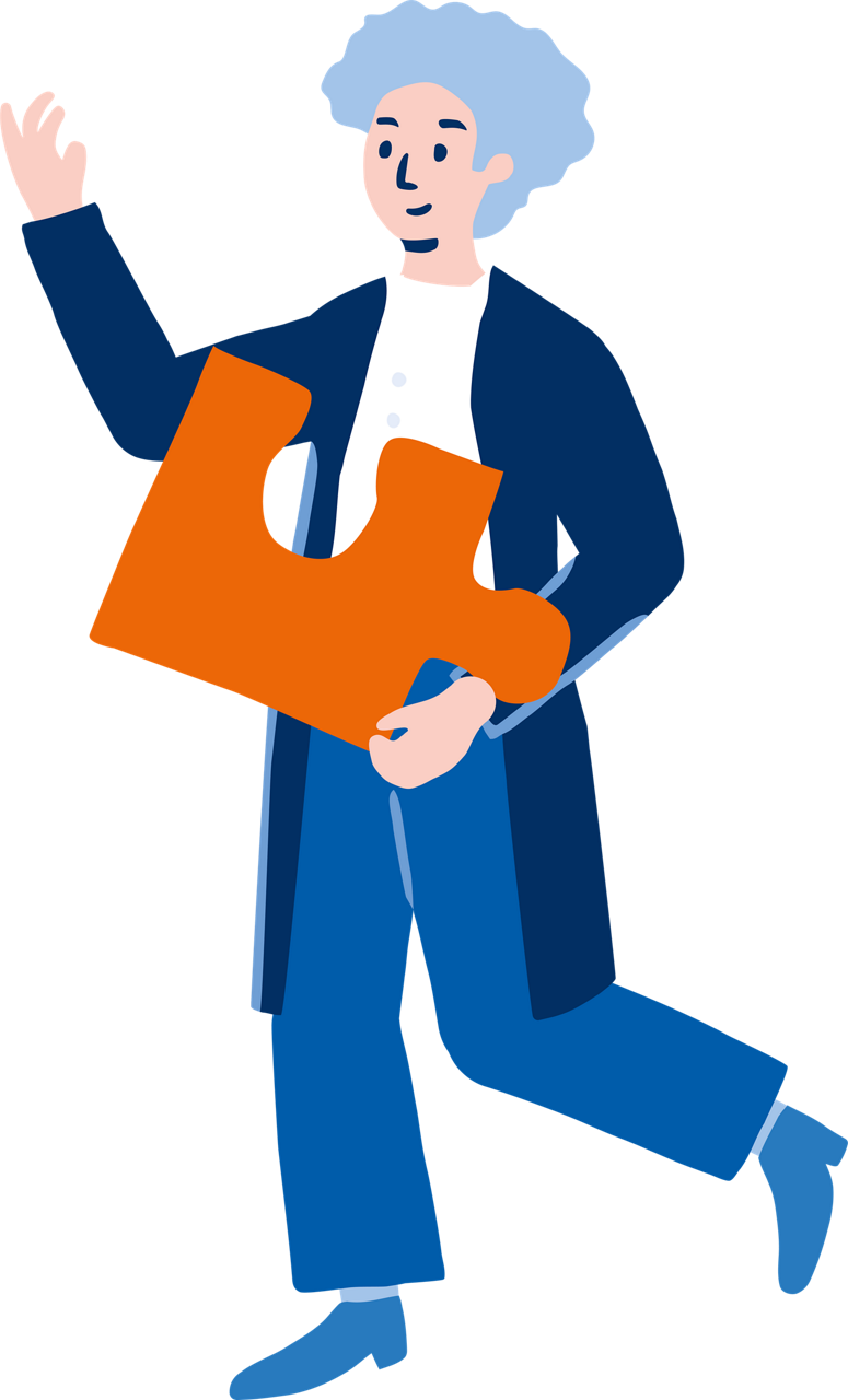 Ein Mann hält ein Puzzleteil vor einem leuchtend orange-blauen Hintergrund, der Problemlösung und Kreativität symbolisiert.