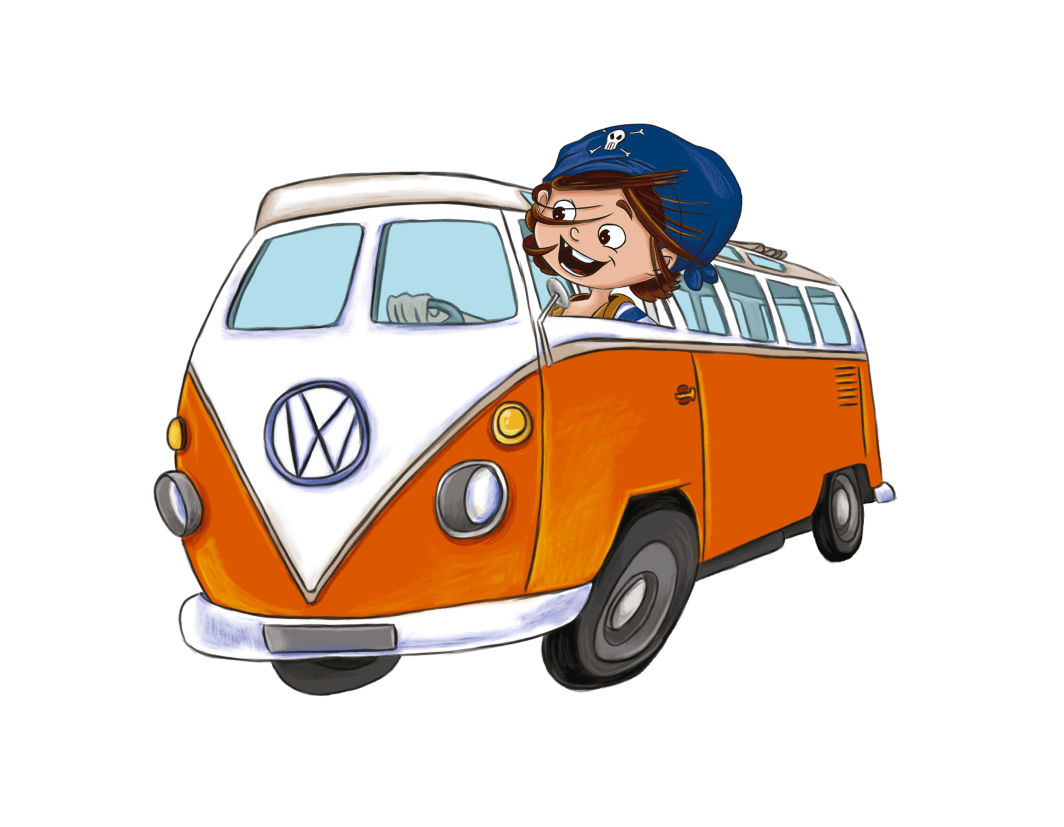 Zahnpirat Paul fährt einen VW Bus