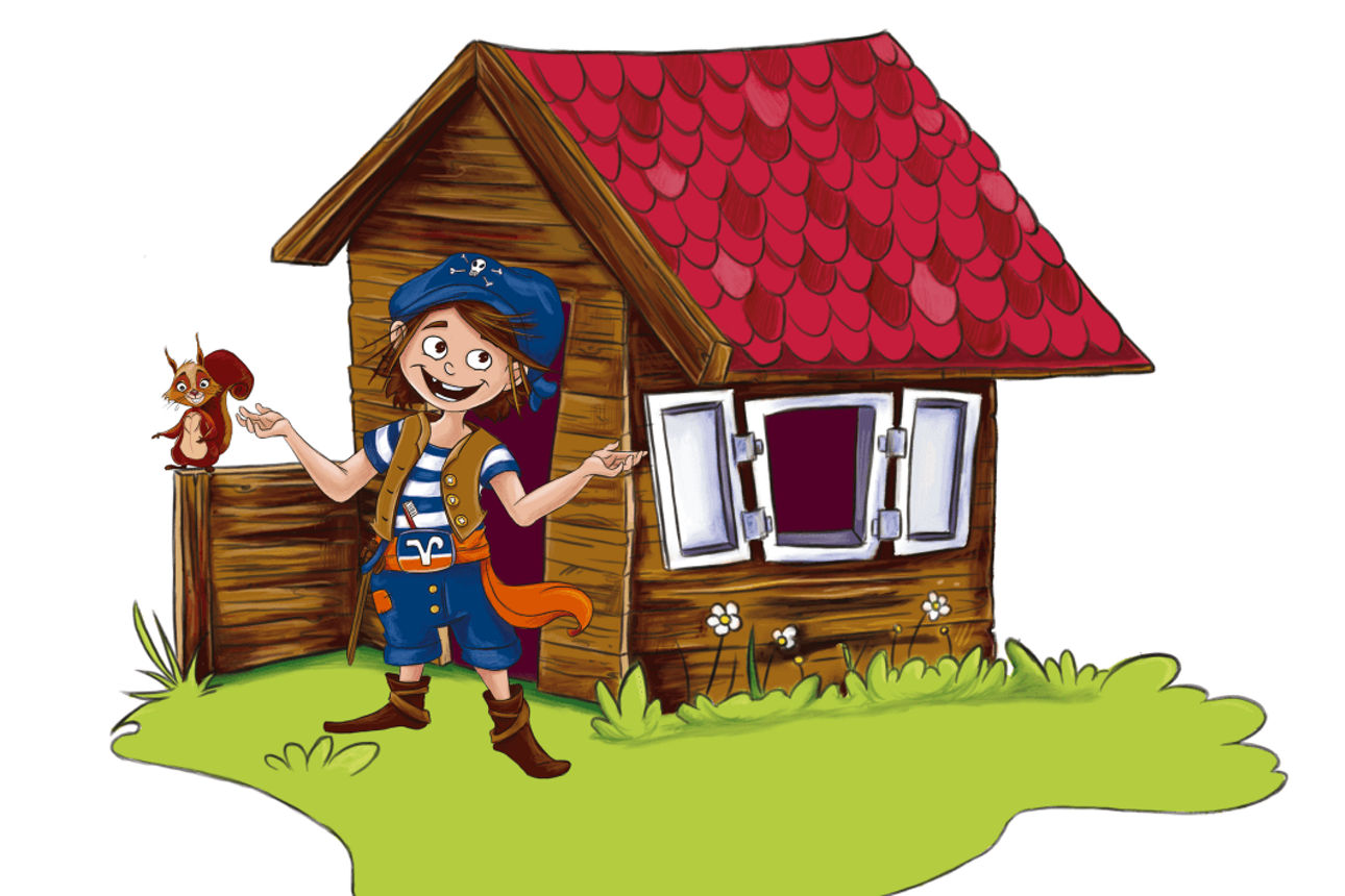 Zahnpirat Paul vor einer Hütte