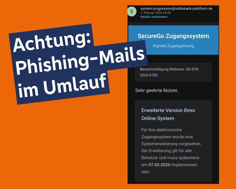 Grafik mit orangem Hintergrund und Screenshot einer Phishing-Mail