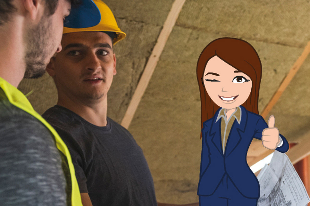 Zwei Personen auf einer Baustelle, die mit einer animierten Figur interagieren,