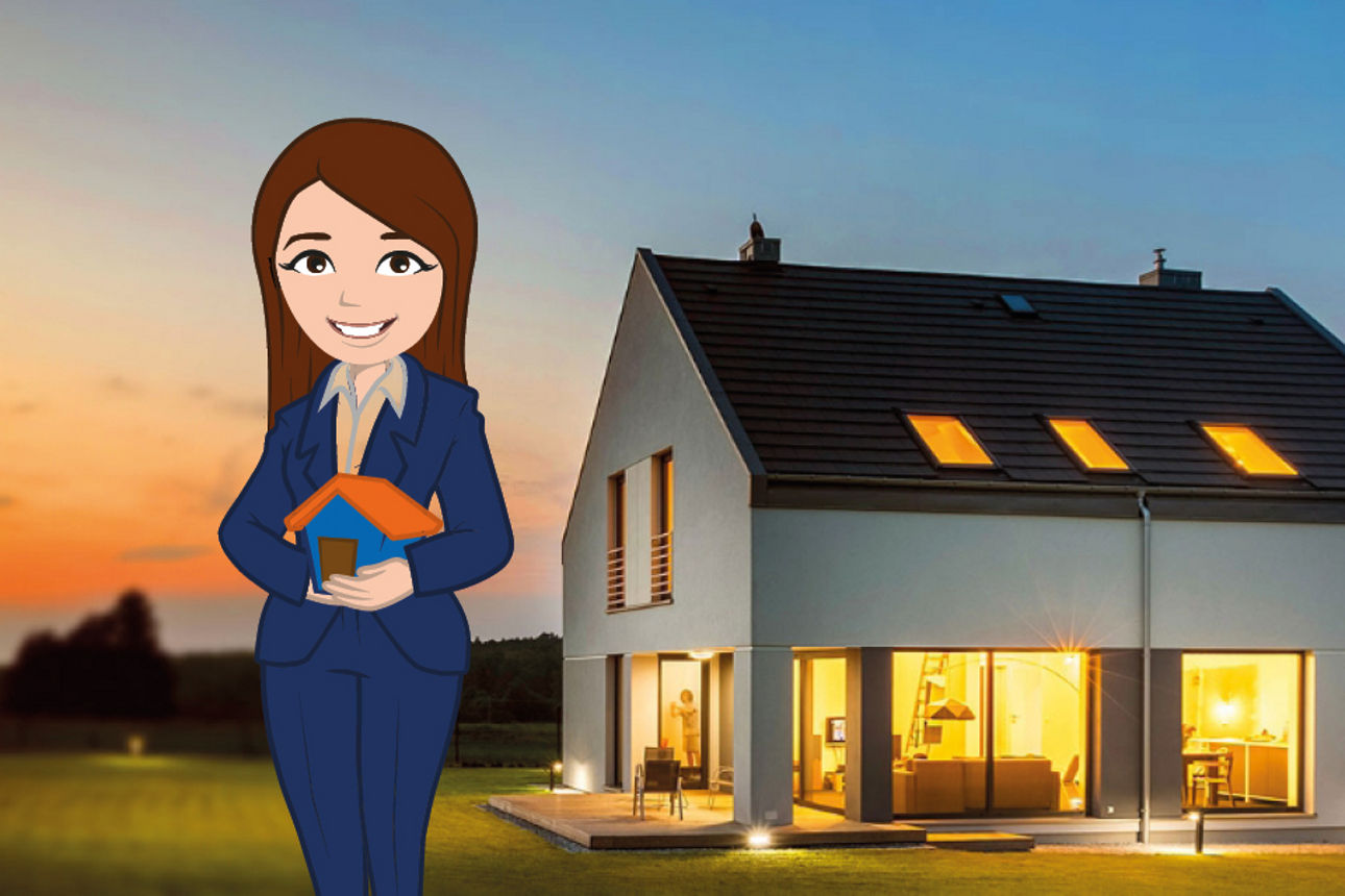 Bild eines Hauses mit einer Zeichnung der Immobilien Assistentin PIA im Vordergrund