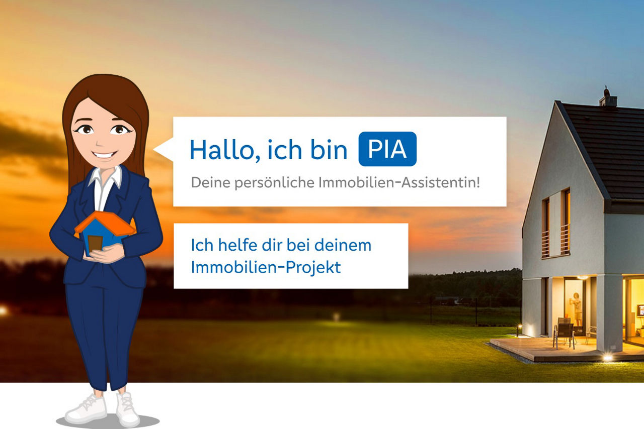 Avatarin PIA stellt sich vor mit "Hallo, ich bin PIA - Deine persönliche Immobilien-Assistentin".