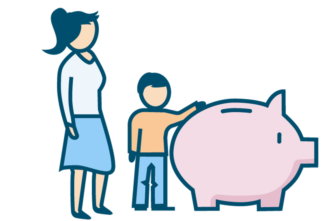 Mutter und Kind mit Sparschwein als Symbol für Vermögensaufbau für Kinder