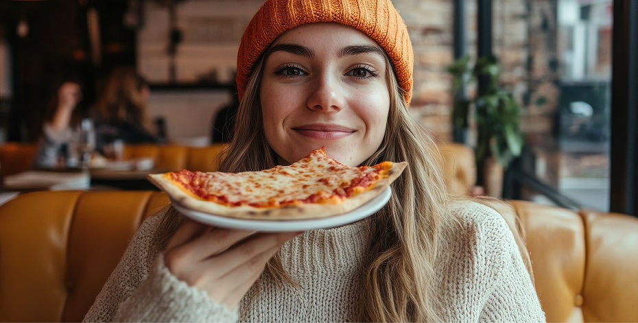 Frau mit Mütze auf dem Sofa und isst Pizza
