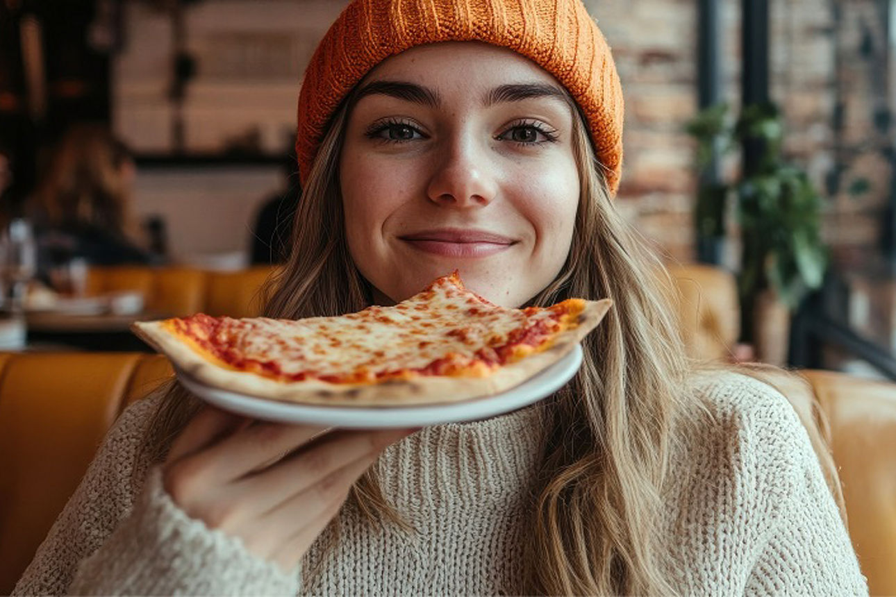 Frau mit Mütze auf dem Sofa und isst Pizza