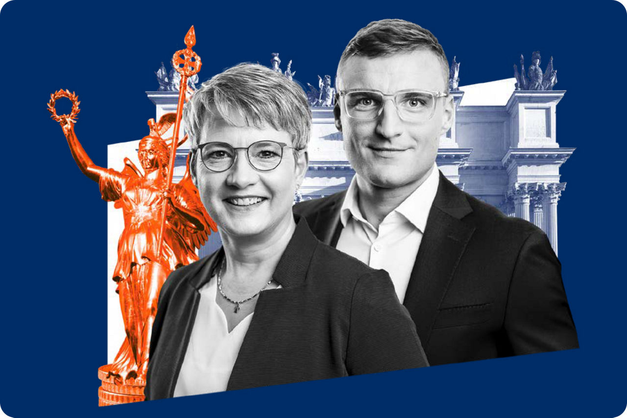 Profilbilder von Mandy Schmidtill und Henrik Makuszies vor den stilisierten Brandenburger Tor und der Goldelse