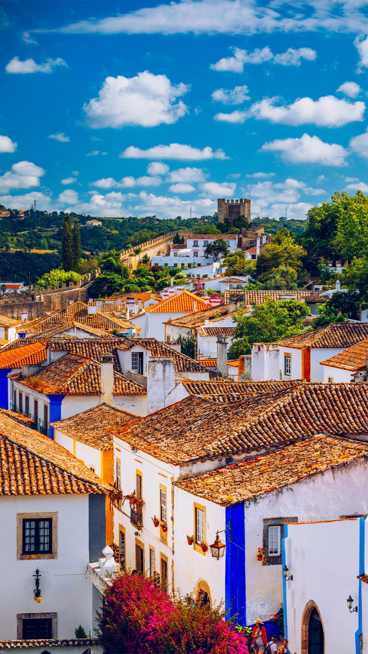 Blick über die Dächer von Obidos mit typisch roten Schindeln und blau-weißen Fassaden, bis zur Burg