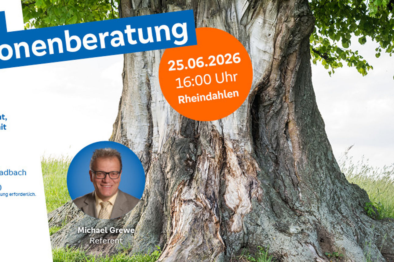 Ein großer, alter Baum mit grünem Laub. Unten rechts ein Porträt von Michael Grewe mit der Bezeichnung „Referent“.