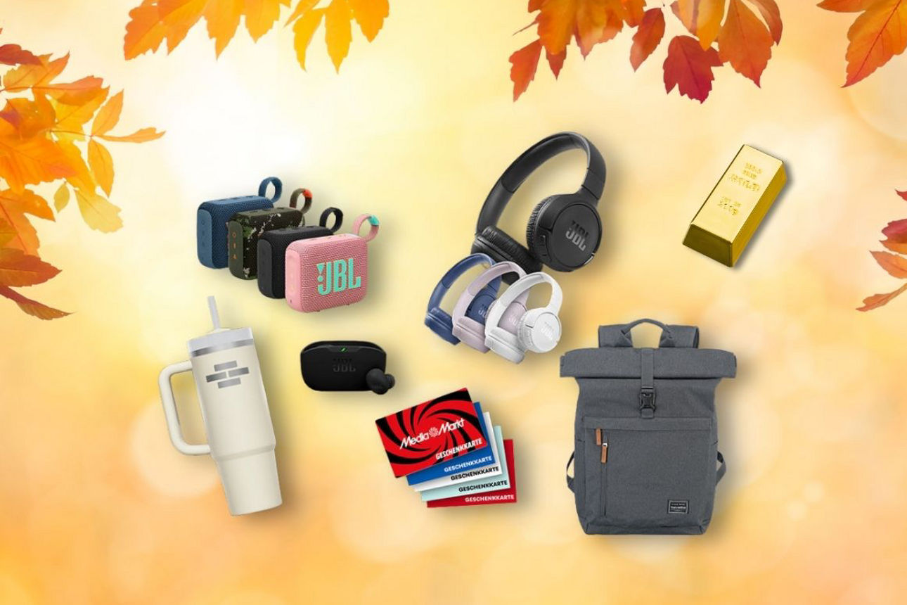 mehrere prämien auf herbstlichem hintergrund, zum beispiel kopfhörer von JBL
