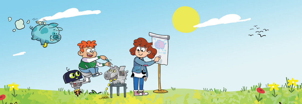Bunte Comic-Figuren stehen auf einer grünen Wiese und werken an einem Metall-Sparschwein