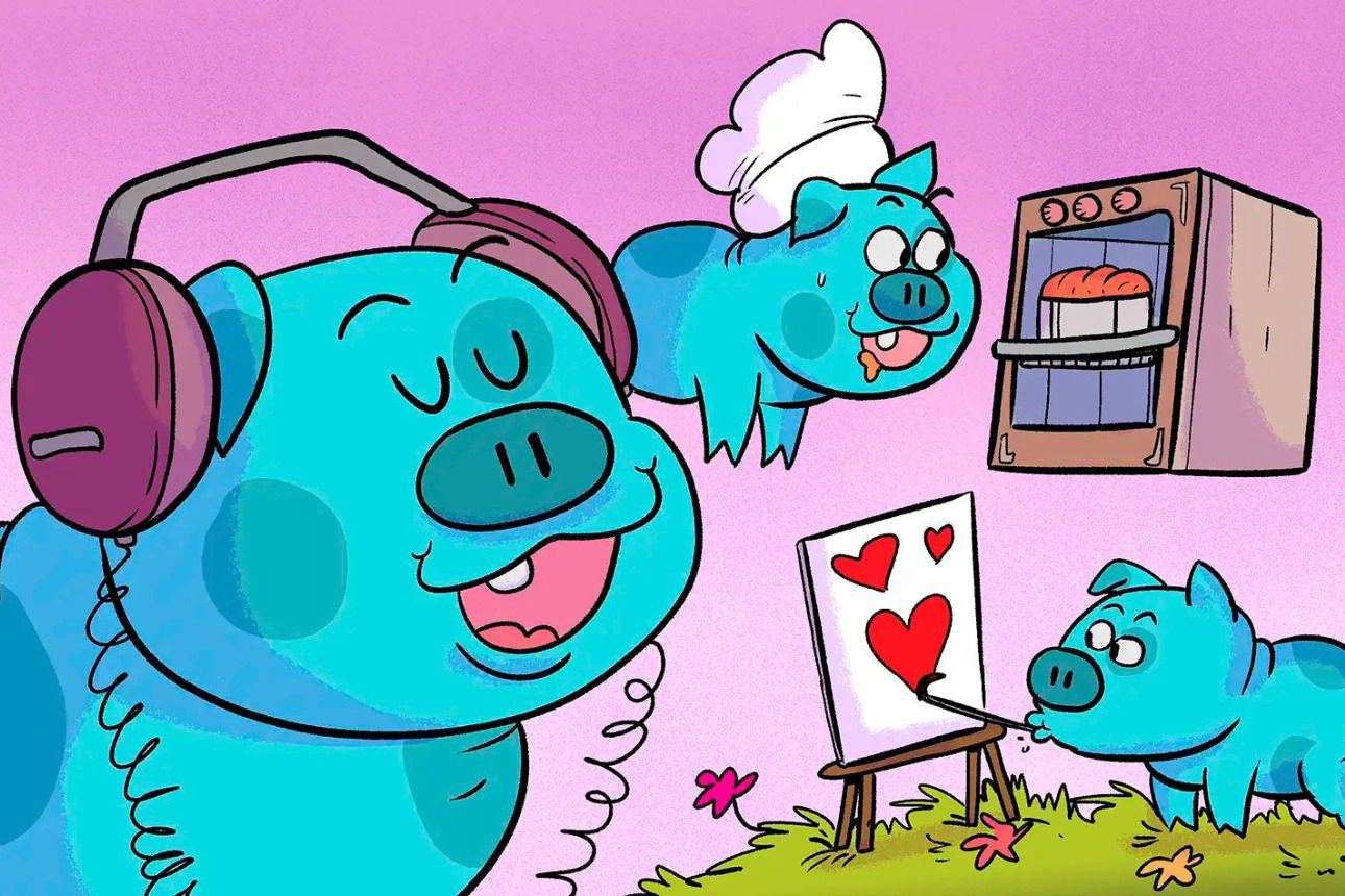 Blaue Schweine als Comic-Figuren stehen auf einer Wiese. Ein Schwein im Vordergrund hat Kopfhörer auf.