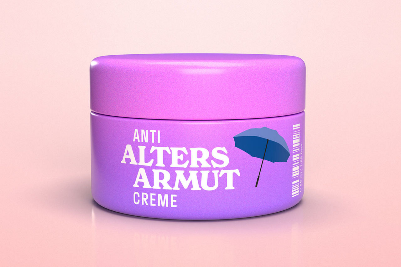 Eine pinke Cremedose mit der Aufschrift "Anti-Alters-Armut-Creme"